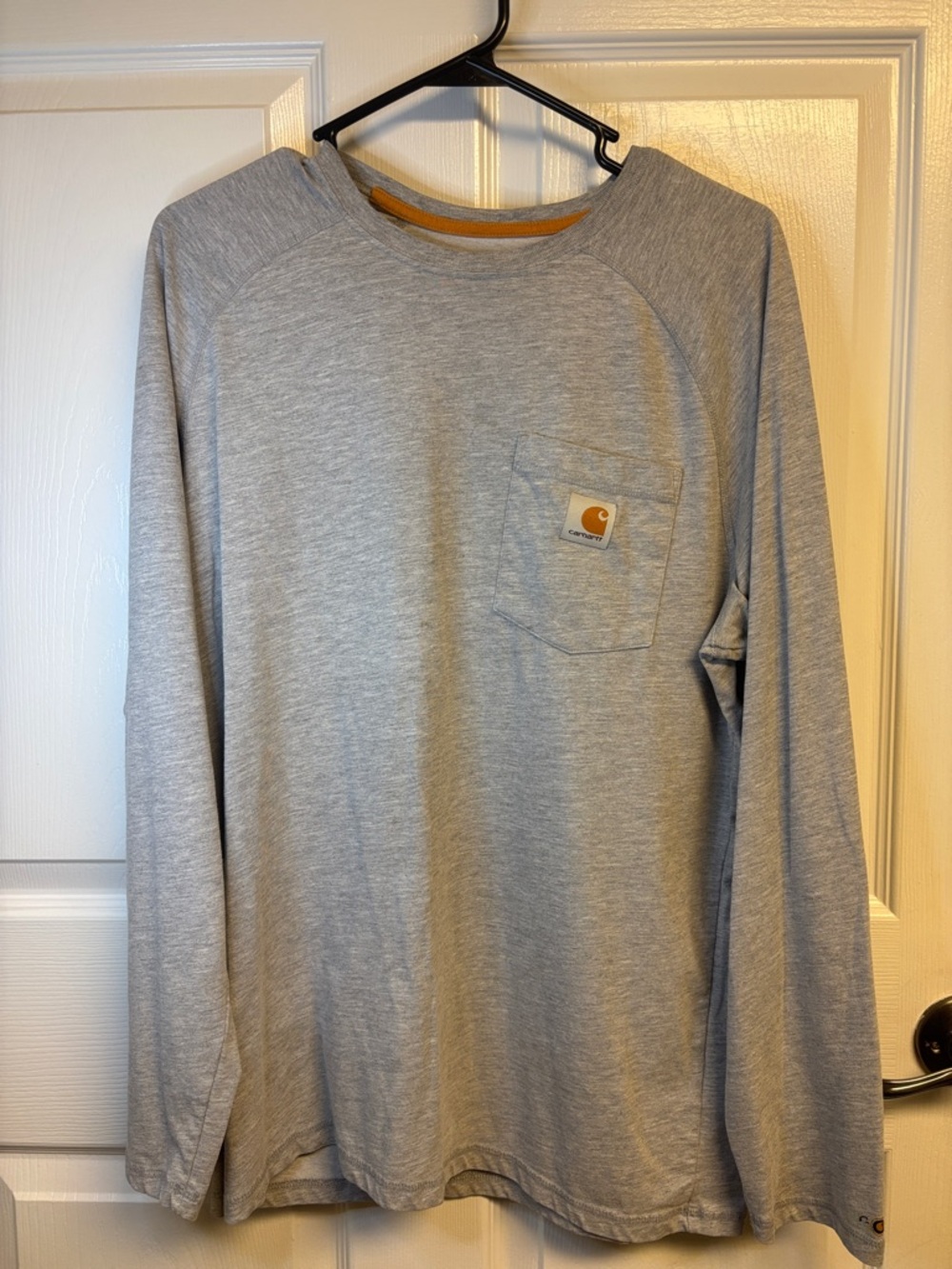 Carhartt Light Heather Gray Long Sleeve Pocket Tee with Tan Logo Trim